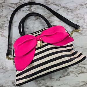 Betsey Johnson Bow-Nanza Dome Satchel Bag Y2K Black White Stripes Pink Bow